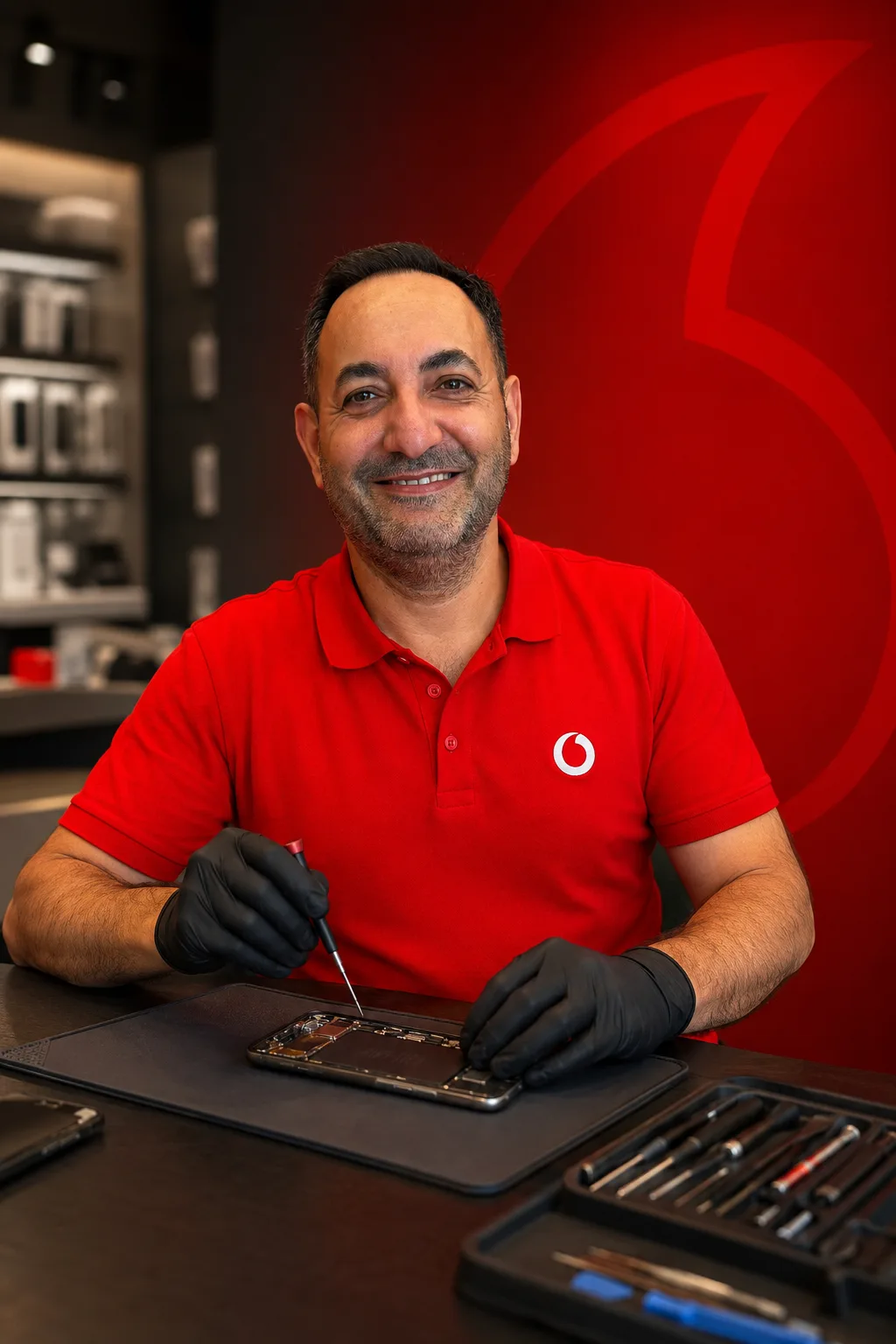 Techniker im Vodafone Fachcenter Mannheim repariert ein Smartphone